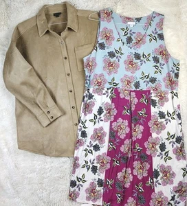 J Jill Wearever Faux Suede Jacket & Patchwork Floral Dress Sz XL Bundle Pockets! - Picture 1 of 16