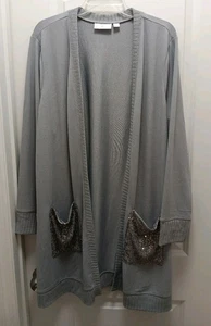 Belle by Kim Gravel 2X Pailletten Taschen grau Strick offen Staubmantel Cardigan Rippborte - Bild 1 von 6