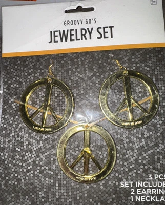 Groovy Juego de Joyas Años 60 3 Piezas Collar Pendientes Disfraz Fiesta Favores Paz Joyería Foto 1 de 2