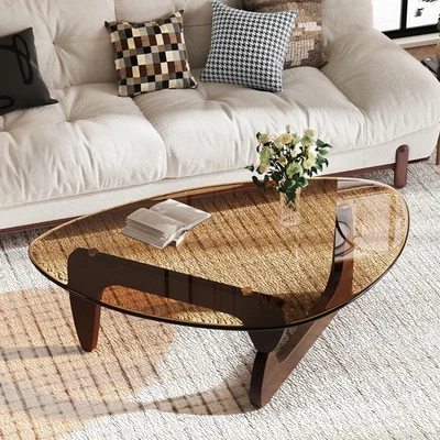 ARTLOGE Mid-Century Triangular Coffee Table with Amber Tempered Glass & Rubber Wood Base