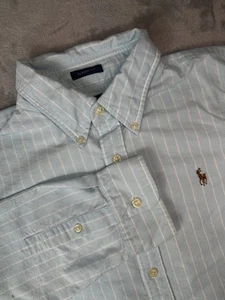 Ralph Lauren Shirt Boys 14 Blue White Stripe Classic Fit Oxford Flesh Pony Prep - Picture 1 of 12