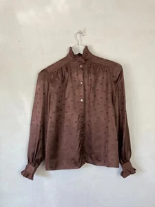 Vintage Blouse Brown Silky Feel UK12-14 80s Shoulder Pads Ruffle Collar & Cuffs - Picture 1 of 7