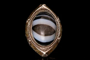 Rare Seljuk Style Sterling Silver Goldfilled Ring Dzi Bead Eye Agate Vintage - Picture 1 of 4