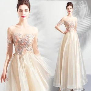 Chic Champagne Short Sleeve Flowers Tulle Evening Dress Prom Bridesmaid Gown - Picture 1 of 13