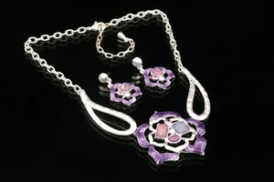 colors flower crystal enamel choker silver plated necklace dangle earrings K31 - Picture 1 of 5