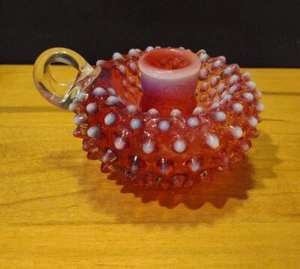 Fenton Glass Cranberry Opalescent HOBNAIL Finger Loop Hold Candleholder - Picture 1 of 4