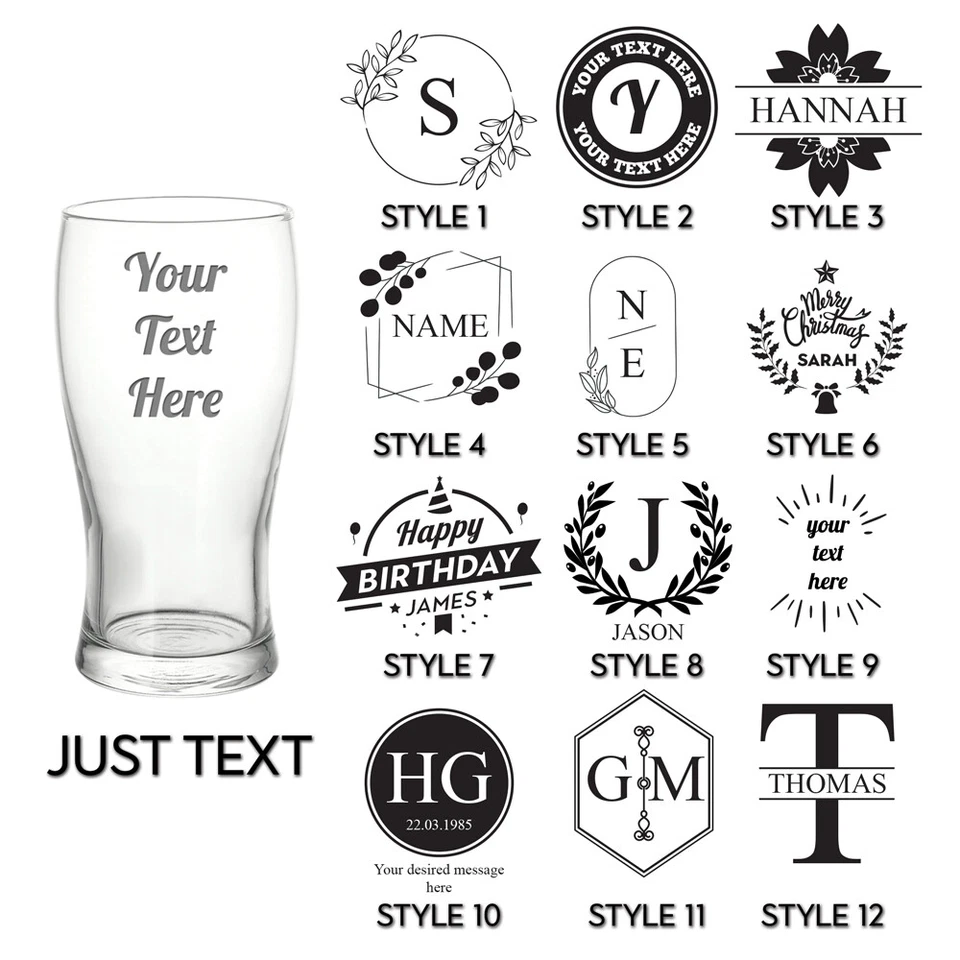 Personalised Engraved Pint Glass Your Own Text Etched Glassware Gift