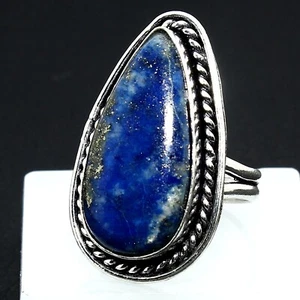 Anello fatto a mano pietra preziosa pera liscia naturale lapislazzuli regalo gioielli misura 7 - Foto 1 di 5