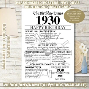 1930 95. Geburtstag personalisiert UK Fakten Zeitung GESCHENK Erinnerung Poster 71 - Bild 1 von 9