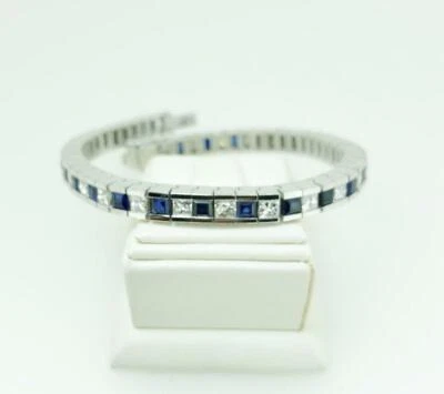 Perfect Square Shape Blue Sapphire & White Cubic Zirconia 9.14CT Tennis Bracelet - Image 1 of 4
