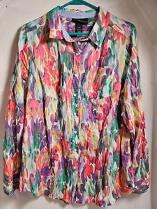 Lane Bryant Womens Roll Tab Long Sleeve Button Up Watercolor Office Shirt 14/16 - Picture 1 of 15