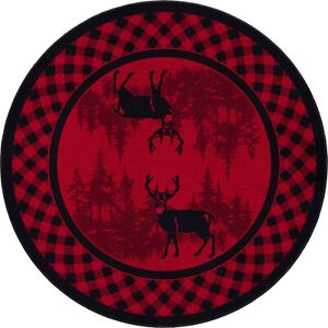 White Tail Plaid Red Black Deer Rustic Country Cabin Farmhouse Area Rug 8' Round