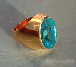 Solid 925 Sterling Silver Natural Blue Copper Turquoise Gemstone Huge Men's Ring - Picture 1 of 11