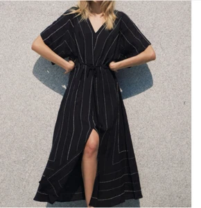 Nymane KAFTAN Dress Embroidered Linen Black White Stitching ONE SIZE S M L - Picture 1 of 4