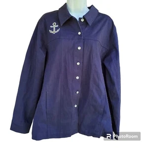 QUACKER FACTORY SHIRT JACKET WITH EMBROID ANCHOR CRYSTAL BUTTONS NAVY SIZE LARGE - Picture 1 of 9