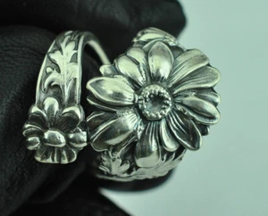 Large Solid 925 Sterling Silver Daisy Flower Floral Adjustable Spoon Ring - Picture 1 of 6