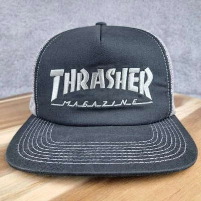De colección Thrasher Skateboarding Sombrero Gorra Snapback Negro Gris Malla Camionero Revista Foto 1 de 4