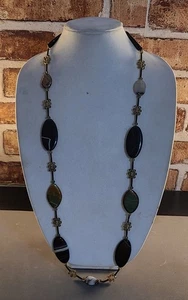 Vtg 32" Banded Agate & Jasper Gemstone Beaded Necklace Boho Statement Jewelry - Picture 1 of 6