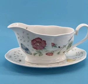 Ciotola barca Lenox farfalla prato gravy con sottopiatto fiori floreali usata in ottime condizioni - Foto 1 di 5