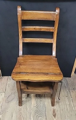 WOODEN LIBRARY FOLDING STEP LADDER CHAIR Mahogany Handmade Pegged  - Image 1 of 4