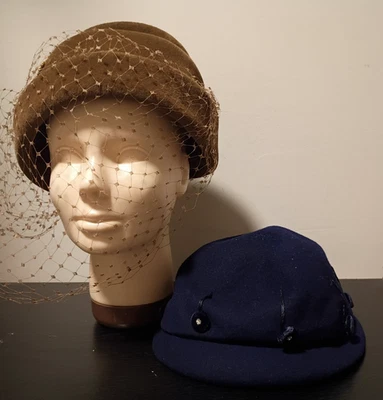 Sombrero Pastillero Corona Marrón Refinado De Colección Para Damas Con Velo Boina Azul Marino Glen Cove Foto 1 de 4