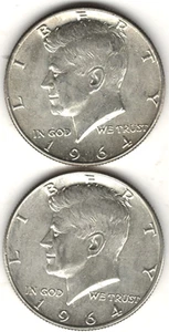 Medio dólar Kennedy 1964 P&D en estado BU ~ 90% PLATA (2 MONEDAS) stk 13 - Imagen 1 de 4