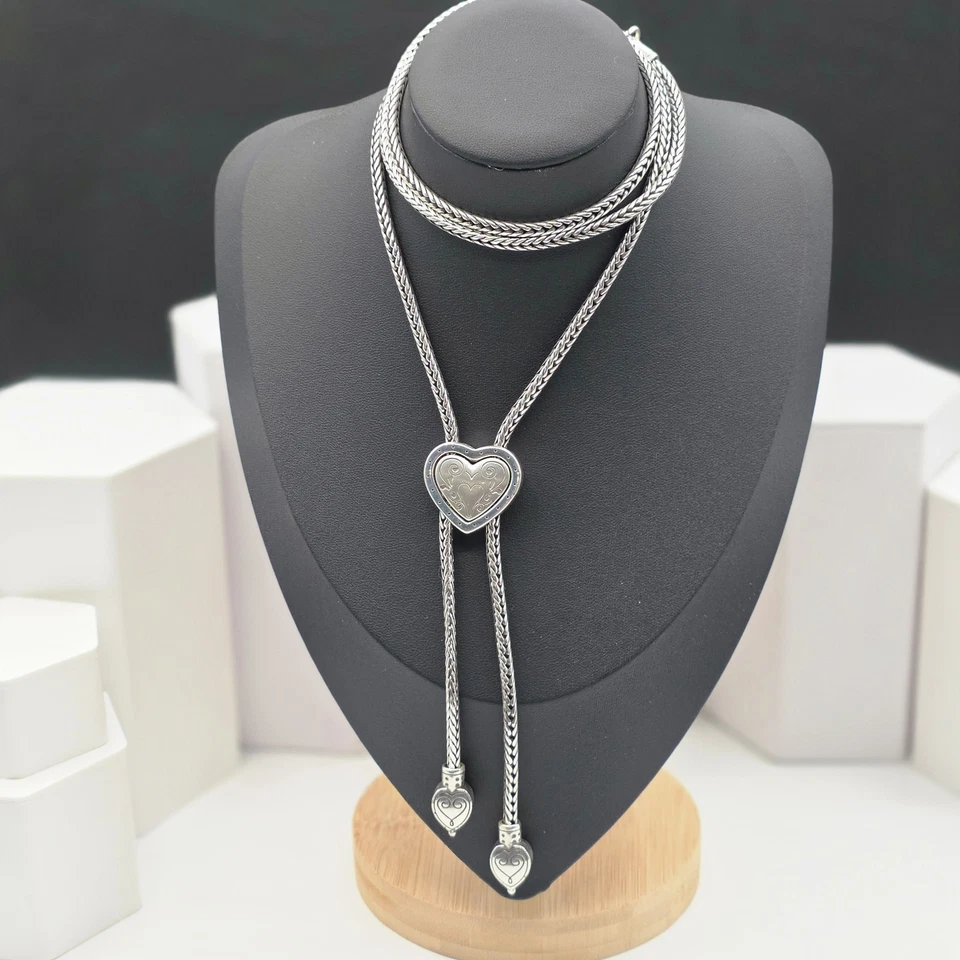 Brighton Eliza Heart Bolo Necklace Silver Slide Lariat Wheat Chain 38" Adj - Image 1 of 4