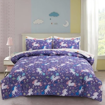  5Pcs Floral Unicorn Bedding Set for Girls Kids Size Rainbow Flower Twin Purple - Image 1 of 4