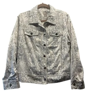 Chico's Damen weiß Schlangenleder Langarm Taschen Knopfleiste Jacke Größe 2 - Bild 1 von 7