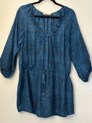 Rebecca Taylor Blue Animal Snake Print Silk Dress Drawstring Waist Sz 10 Flowy - Image 1 of 4