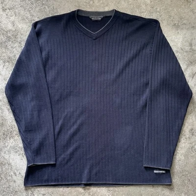 Quiksilver винтажный темно-синий ребристый v-образным вырезом свитер мужской большой пуловер тепловой - Изображение 1 из 4