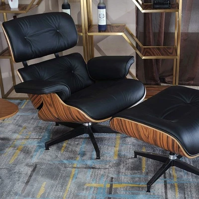 Sillón Palisandro Asiento Club Con Otomana Cuero Genuino Negro Foto 1 de 4