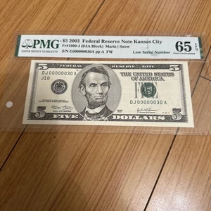 2003 $5 FEDERAL RESERVE NOTE KANSAS CITY FR#1990-J PMG CERT 65 EPQ LOW SERIAL 30 - Picture 1 of 2