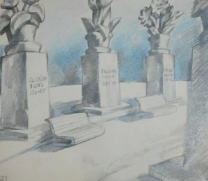 Surrealistische Bleistiftzeichnung Landschaft 1984 signiert - Bild 1 von 11