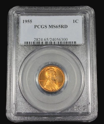 1955 P  LINCOLN CENT WHEAT PENNY PCGS MS65RD UNC MS 65 RD #  24056300 TONED - Image 1 of 4