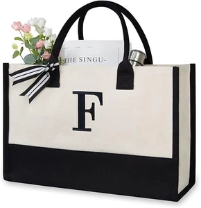 Women Initial Canvas Beach/ Gym Bag, Tote Bag - Personalized - Letter F - Picture 1 of 3