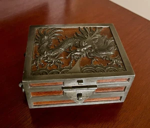 Antique Kut Hing Swatow Pewter & Teak Dragon Jewelry Box Late 19th-Early 20th C - Picture 1 of 10