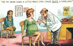 RUDE COMIC BAMFORTH DOCTOR TELLS PREGNANT LADY PRICKS CAUSE SWELLING POSTCARD - Picture 1 of 2