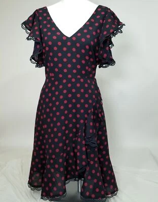 BB Dakota Dress 4 Navy Blue Red Polka Dot Lace V Pin Up Gothic Punk Alt Cosplay - Image 1 of 4
