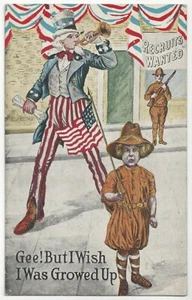1916 Era de la Primera Guerra Mundial El Tío Sam llama a reclutas, bandera patriótica estadounidense, postal antigua - Imagen 1 de 2