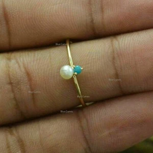 Natural Pearl & Arizona Turquoise Gemstone Delicate Ring 14k Yellow Gold Jewelry - Picture 1 of 3