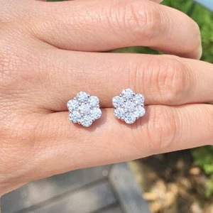 2.5 mm Round Cut Moissanite Cluster Flower Earring In 14k White Gold Plated - Picture 1 of 7