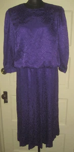 Vintage LESLIE FAY Purple Tone on Tone Animal Print Blouson 3/4 Sleeve Dress 14 - Picture 1 of 7