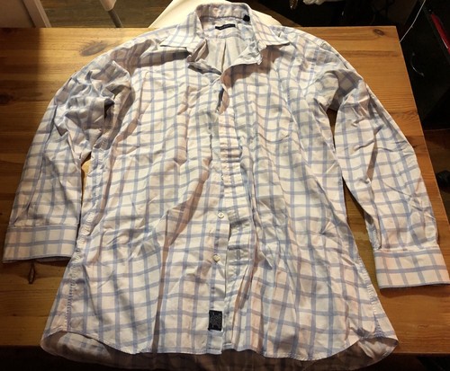 Camicia elegante uomo Burberry London 16 1 2 34 a quadri blu bianco made in USA