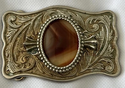 Hebilla de cinturón estilo occidental tono plateado latón naranja ágata ZB 004 pergaminos vintage Foto 1 de 4