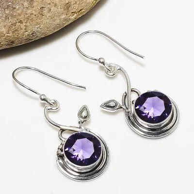 Pendiente de plata de ley 925 maciza con piedras preciosas de amatista púrpura joyería fina, V7018 Foto 1 de 4