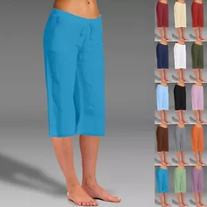 Summer Fashion Women's Crop Length Pants Cotton Flax Elastic Leisure Trousers - Picture 1 of 79