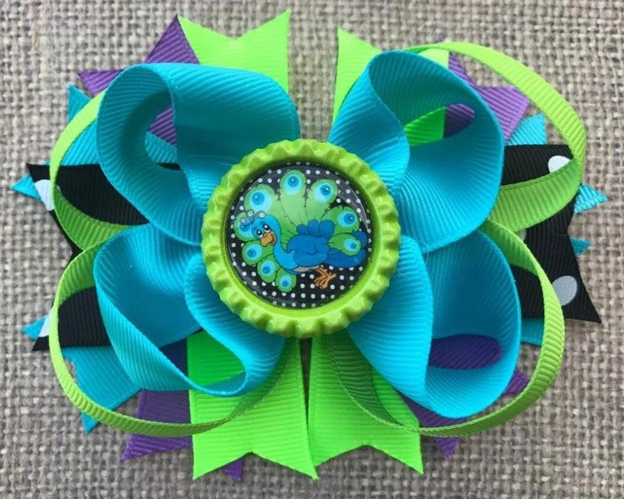 Peacock Turquoise Lime Purple Black Bottle Cap Hair Bow 4 1/2" - Image 1 of 1