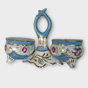 VTG Limoges China Spice Cups Double Open Salt Sellers Blue Floral Gold Cottage - Picture 1 of 6