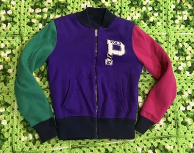 Niñas Polo Ralph Lauren Reversible Suéter Chaqueta Rosa Púrpura Verde Color Bloque Foto 1 de 4